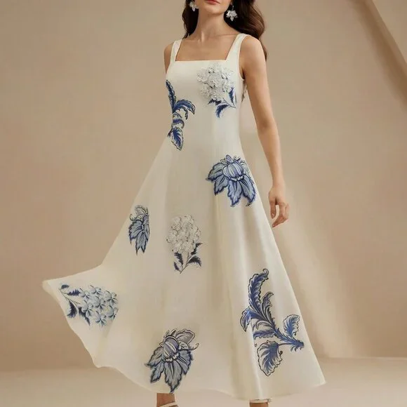 Multicolor Elegant Women's Floral Maxi Slip Dress with 3D Flowers - Picture 1 of 7